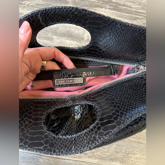 The Limited Black Snakeskin Embossed Clutch Oval Cutout Handle Pleated Front - Picture 3 of 5